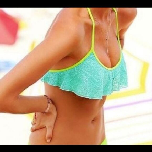 NWOT Victoria Secret's Turquoise Sequin Flounce Halter Bikini Swim Top L - Picture 1 of 9